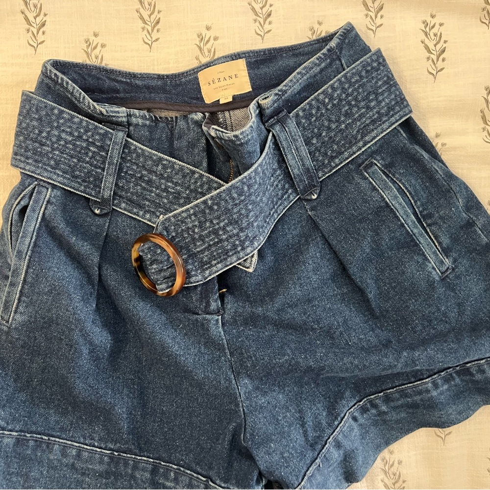 Sezane High Waist Denim Shorts with Belt - Blue